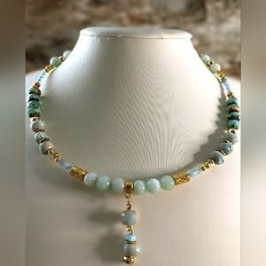 Mint Amazonite And Glazed Porcelain Picasso Beads In Mint Green Necklace